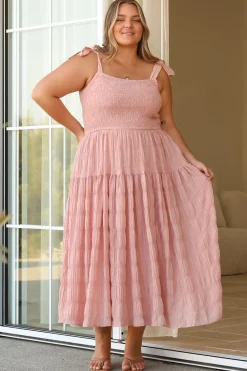 Zoella Midi Dress - Tie Strap Textured Tiered Dress in Blush><noscript><img width=
