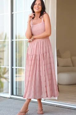Zoella Midi Dress - Tie Strap Textured Tiered Dress in Blush><noscript><img width=