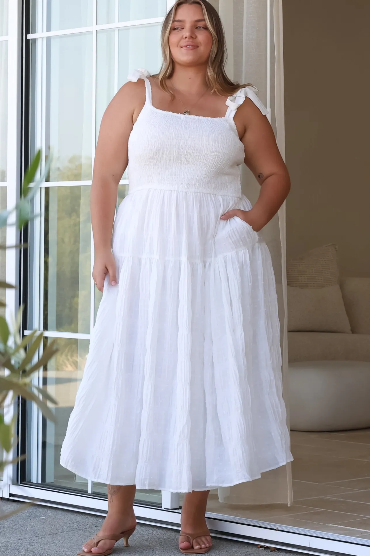 Zoella Midi Dress - Tie Strap Textured Tiered Dress in White>Salty Crush Outlet