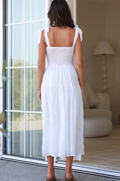 Zoella Midi Dress - Tie Strap Textured Tiered Dress in White><noscript><img width=