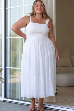 Zoella Midi Dress - Tie Strap Textured Tiered Dress in White><noscript><img width=