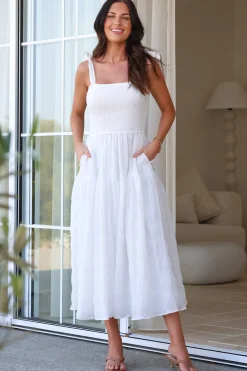 Zoella Midi Dress - Tie Strap Textured Tiered Dress in White><noscript><img width=