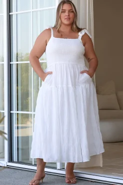 Zoella Midi Dress - Tie Strap Textured Tiered Dress in White><noscript><img width=