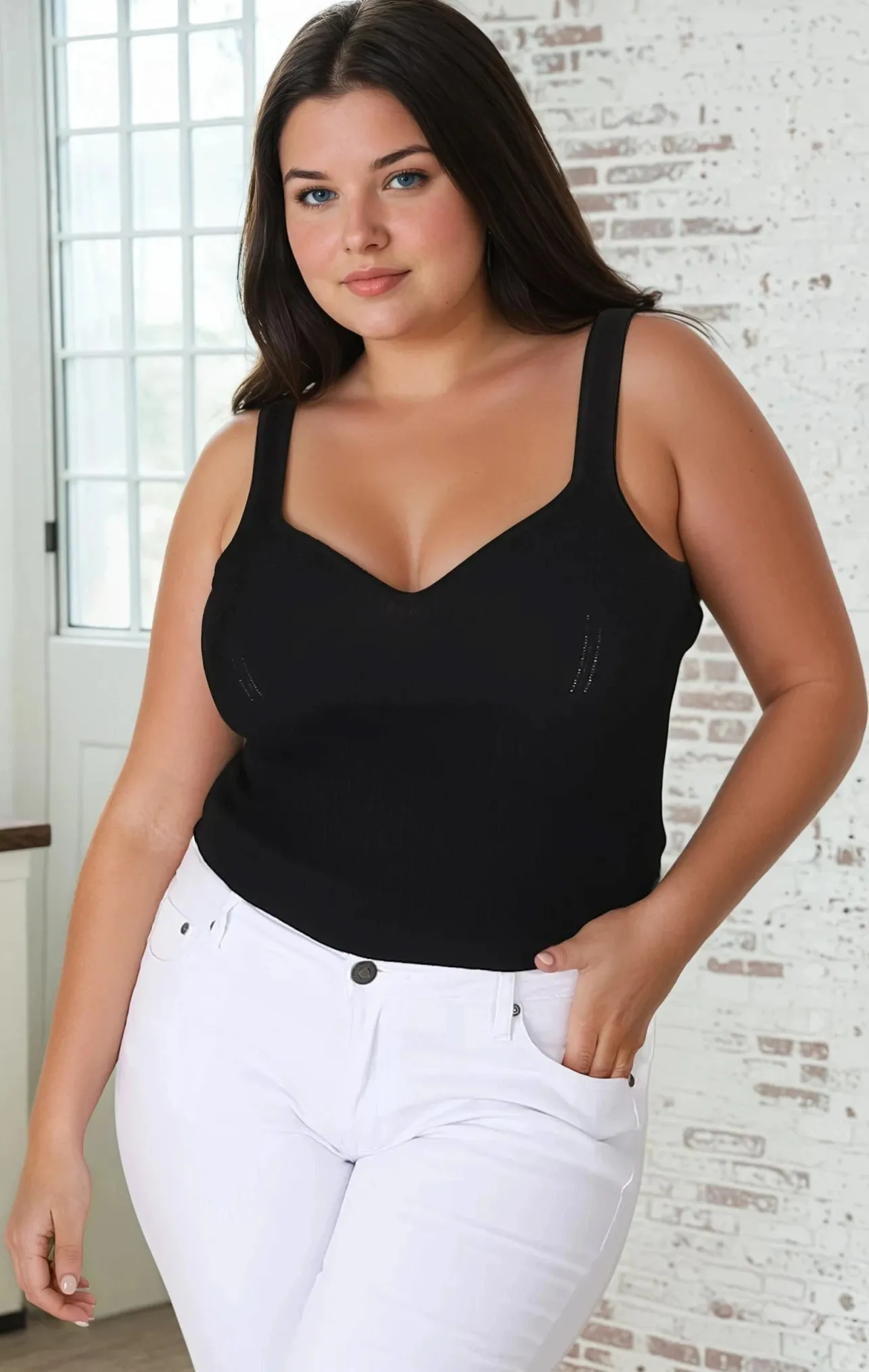 Zoey Ribbed Top - Sweetheart Neckline Ribbed Top in Black>Salty Crush Hot